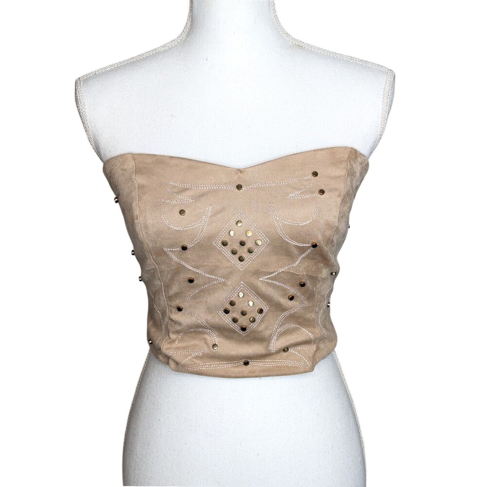 NWT Buckle Blue B Studded Faux Suede Tube Top S Western Brown Sand Lace Up Back - Picture 3 of 11